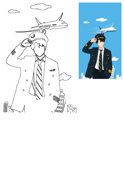 Illustration of a man in a suit and tie, depicted as an airplane pilot. He's saluting as an airplane flies overhead in a blue sky with clouds.