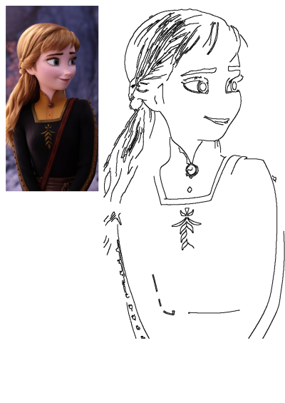 Anna from Frozen animated movie, a cartoon character with long blonde hair, wearing a black and gold outfit, looking at the camera.