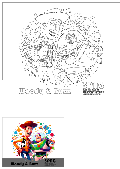 Illustration of Woody and Buzz from Toy Story, showcasing the iconic characters in a vibrant, colorful setting. high resolution.