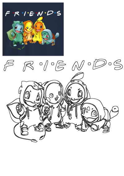 A group of cartoon animals (pokemon) standing next to each other, wearing Friends-themed costumes, with the word 'Friends' above them.