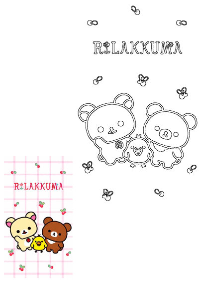 Two teddy bears and a little chick stand side-by-side on a checkered background with cherries. Cute Rilakkuma and friends wallpaper.