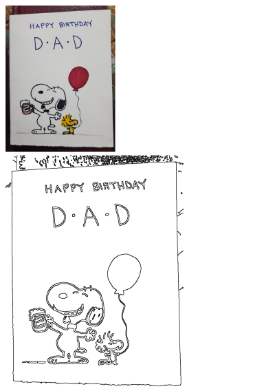 Happy Birthday Dad card featuring Snoopy and Woodstock. Cartoon Snoopy is holding a beer and Woodstock stands beside him with a red balloon.