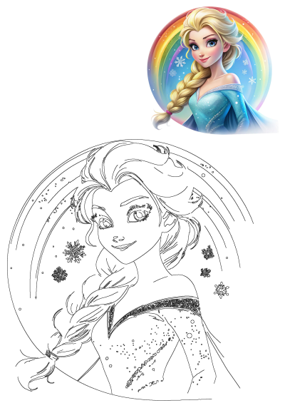 The frozen princess with long blonde hair, braided, in her iconic blue dress, standing in front of a colorful rainbow. Digital illustration.