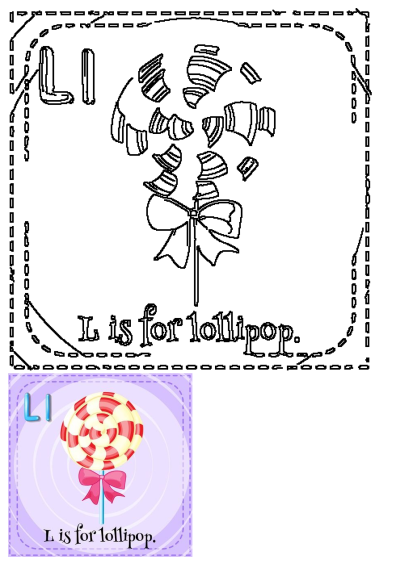 The letter L is for Lollipop. Image of a round, red and white lollipop with a pink bow on a letter-learning chart, perfect for kids.