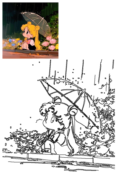 Cute Sailor Moon cartoon character sits under a clear umbrella in the rain, surrounded by colorful flowers. Anime girl in a nostalgic scene.