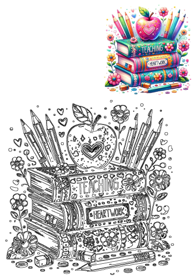 Colorful image of books, an apple, and pencils. 'Teaching is Heartwork' displayed, surrounded by flowers. Great for educators or back-to-school.