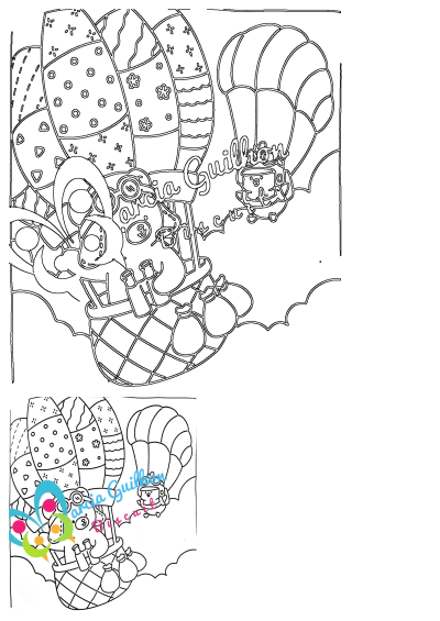 Gummy and Pecky coloring book page in PDF format by Marcia Guilhon Biscuit. Features a bear in a hot air balloon and a chick with a parachute.
