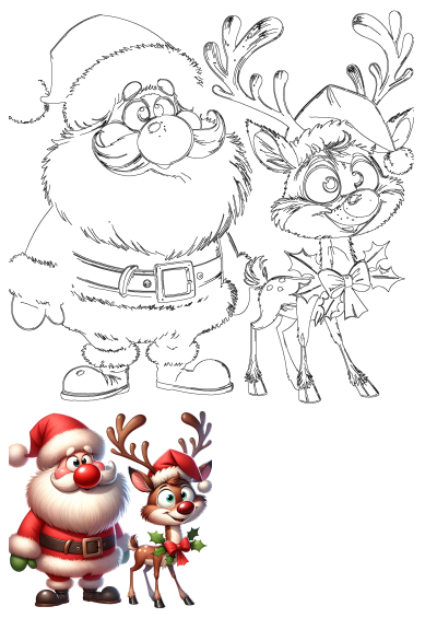Cute cartoon Santa Claus and reindeer illustration featuring both line art outlines and colored versions for Christmas holiday projects.