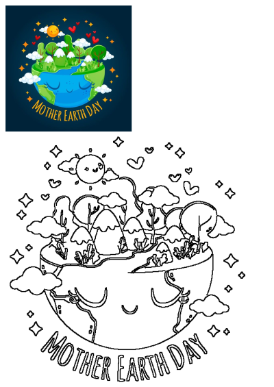 Mother Earth Day image on a dark blue background featuring the Earth with trees, clouds, hearts, and a smiling sun. Celebrating our planet.