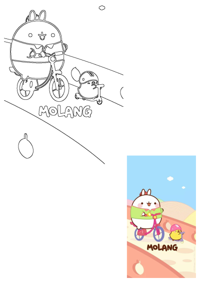 Cartoon of Molang riding a bike next to a duck on a road. The word 'Molang' is written below. Cute and colorful illustration.