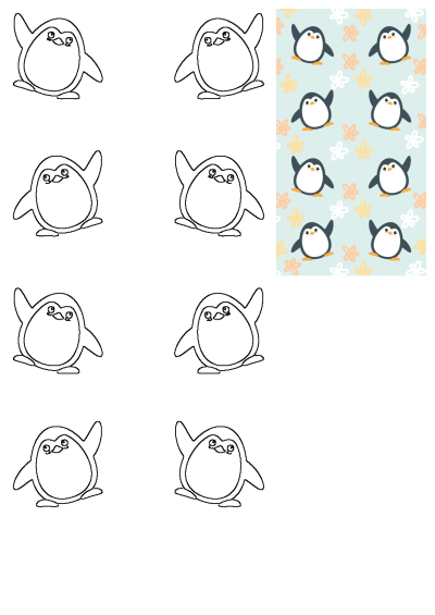 A light blue background with a repeating pattern of cute penguins and flowers. Great for baby room wallpaper.