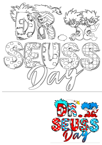 Dr. Seuss's Day poster featuring a vibrant illustration with the words 'Dr. Seuss's Day' and Thing 1 and Thing 2 with a flying fish.