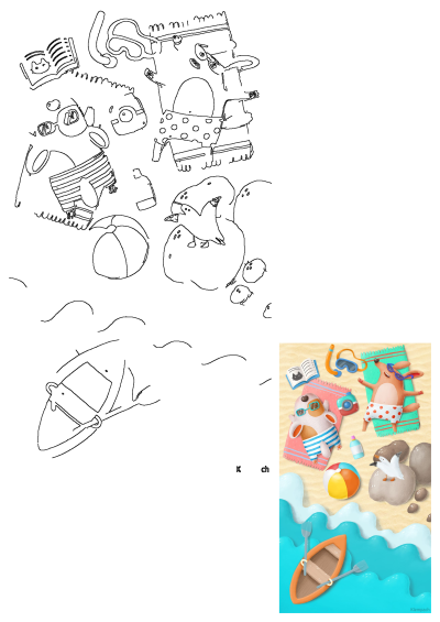 Cartoon illustration of dogs enjoying a summer vacation on a sandy beach with a boat, towels, and beach accessories. Animal laying on the beach.
