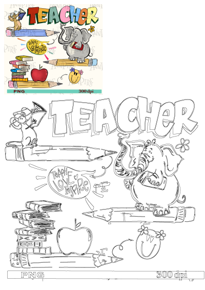 Whimsical teacher illustration featuring an elephant sitting on pencils with 'Teacher' text, books, and a smiley face. Perfect for teacher appreciation designs.
