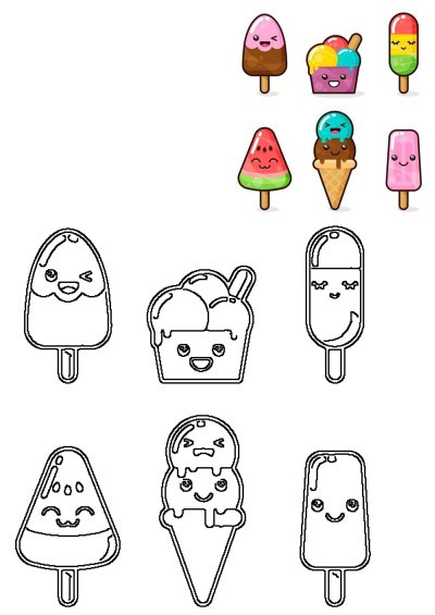 A collection of chibi kawaii ice cream characters in various shapes and colors. Adorable dessert treats with cute smiling faces.