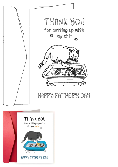 Father's day card with a cartoon cat 'eating' its litterbox, a humorous gift for cat dads. Features 'Thank you for putting up with my shit' text.