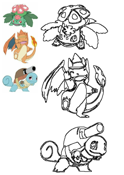Four different types of Pokemons with their tails and heads in the same position, including Bulbasaur, Charmander and Squirtle.
