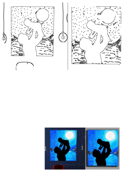 Two paintings showcasing a man holding a child in silhouette against a vibrant moonlit sky and tranquil water landscape. A heartwarming depiction of love.