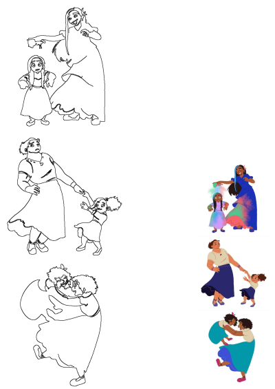 Image of the Madrigal family dancing in different poses from the movie Encanto, featuring vibrant colors and joyful moments shared by family members.