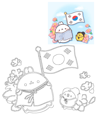 A cute animal (bunny) holding the South Korean flag next to a duck, both surrounded by pink flowers. Bunny is wearing a blue Hanbok.