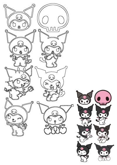 Various black and pink Kuromi cartoon animals with different expressions. A collection of cute and mischievous cartoon characters.