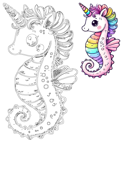 Cute fantasy unicorn seahorse illustration with vibrant pastel rainbow colors and a matching black outline design.