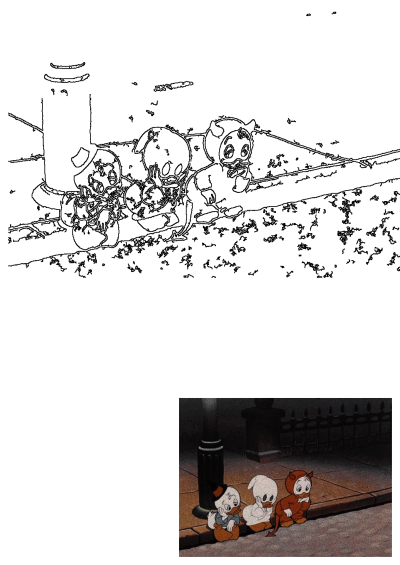 DuckTales characters Huey, Dewey, and Louie sit on the curb dressed in Halloween costumes as a witch, ghost, and devil, vintage cartoon image. 