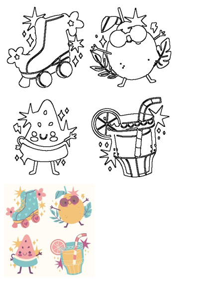 Four cartoon images: roller skate, watermelon, fruit with sunglasses, and a drink. Cute and summery on a white background, one with sunglasses