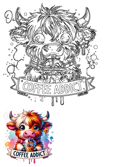 Cute Highland Cow Coffee Addict PNG for sublimation design. Features a sweet cow clipart drinking coffee. Perfect shirt sublimation design!
