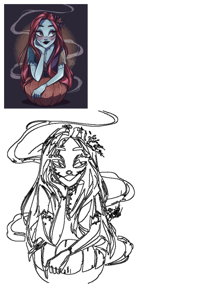 Stunning Sally from Nightmare Before Christmas drawing sitting on a pumpkin. Tim Burton art style, Halloween drawings, Tim Burton movie.