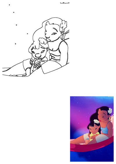 Lilo and Nani, characters from the Disney movie Lilo and Stitch, sit together under the stars in a boat. Animated image of love and family.