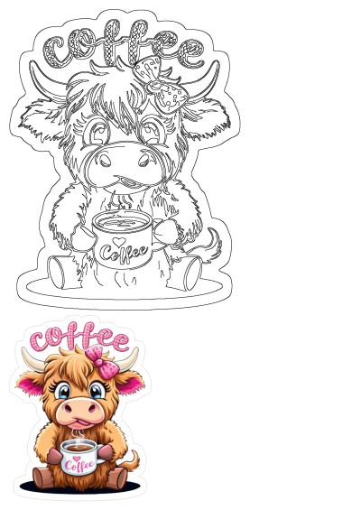 Cute pink highland cow drinking coffee sticker in 2025. This adorable animal character is enjoying a warm cup of joe with a pink bow on its head.