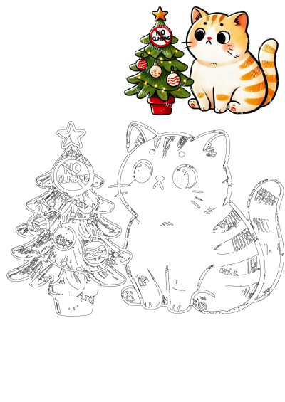A charming illustration of a cute, fluffy cat beside a decorated Christmas tree with a "NO CLIMBING" sign. Features colored and outline versions.