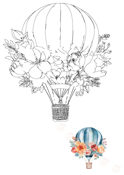 Watercolor painting of a hot air balloon adorned with beautiful flowers. A charming and artistic image, perfect for various creative projects.