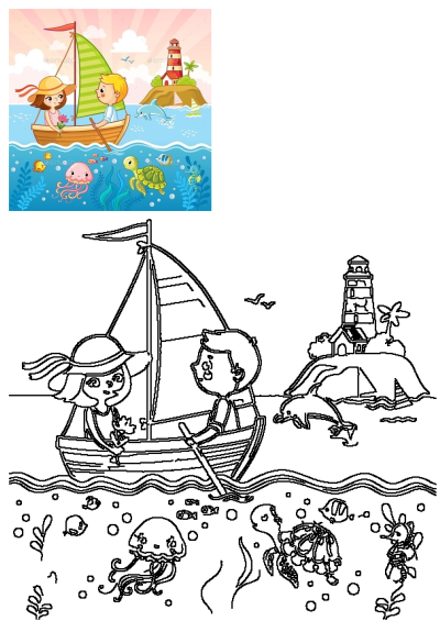 Illustration of two kids sailing in a boat with cartoon sea creatures including octopus, turtle, dolphin, jellyfish,seahorse and fish