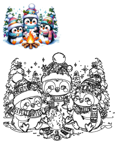 Three adorable penguins wearing festive hats and cozy scarves gather around a warm campfire, roasting marshmallows in a winter wonderland setting.