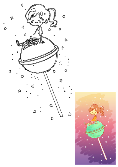 Adorable 'Lollipop Girl Cocoppa Wallpaper' featuring a cute girl sitting atop a giant lollipop against a starry, colorful background.