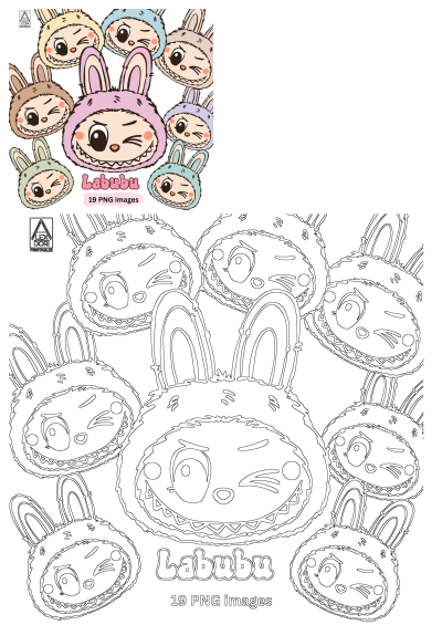 Image of Labubu characters with bunny faces and ears. A vibrant, colorful cartoon printables design for creative projects and decorations.