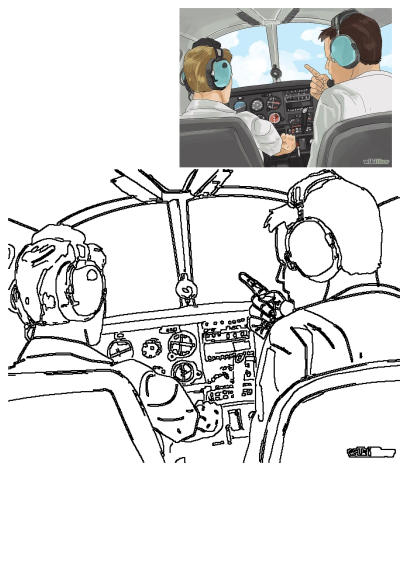 Two pilots in the cockpit of an airplane wearing headphones and pointing at each other, likely during flight training or communicating instructions.
