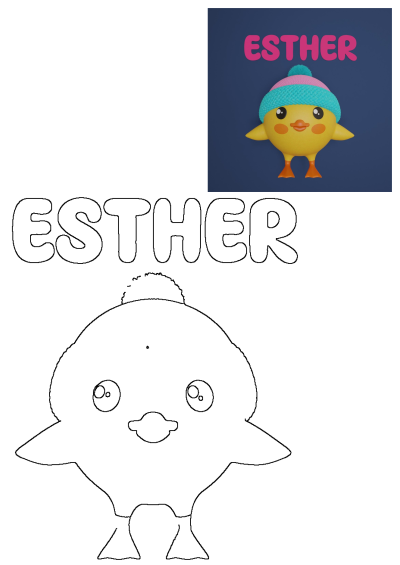 Esther Art: A cute cartoon chick wearing a colorful knit hat against a dark blue background. Fun illustration.