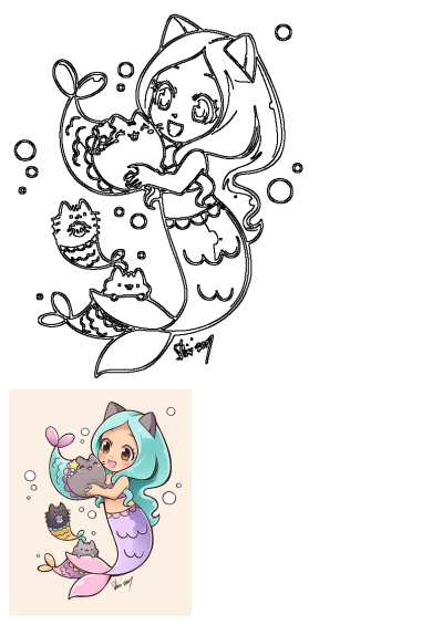 Adorable cartoon illustration of a mermaid with cat ears holding a Pusheen cat mermaid, surrounded by other cute cat mermaids.