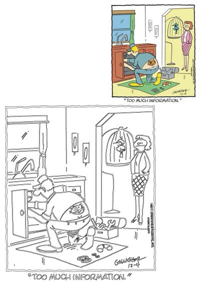 Cartoon depicting a man, a plumber, working in a kitchen with a cat tattoo visible on his lower back, much to the dismay of the homeowner.