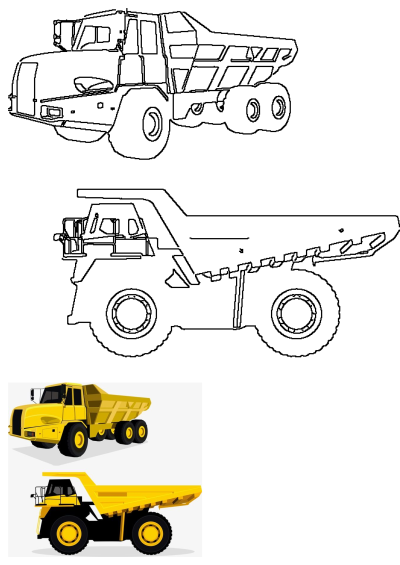 Two yellow dump trucks side by side on a clean white background, perfect for transportation-themed designs. The image features vibrant yellow dump trucks.