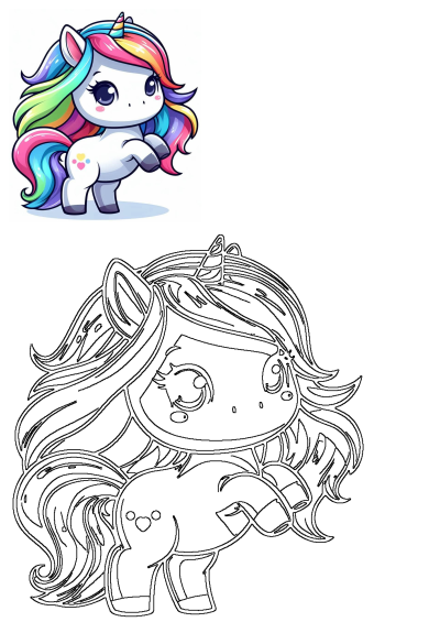 Vibrant, adorable chibi unicorn with a rainbow mane and tail, alongside its black and white outline for creative projects.