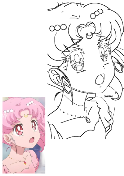 Close-up of Chibiusa, an anime character with pink hair and big red eyes, wearing a crescent moon and pearl hair accessories, from Sailor Moon.