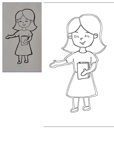 Line drawing of a smiling woman holding a book in one hand and gesturing a welcome with the other. Cartoon style, friendly illustration.
