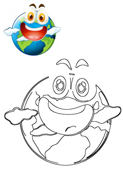 Cartoon illustration of a smiling Earth with eyes, nose, and a big grin. The earth with eyes and nose is smiling cheerfully.