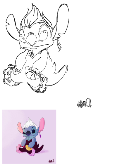 Fan art of a cartoon Stitch and Ursula fusion character. Sitting, holding a golden shell, pink ears. Crossover of the Disney characters.