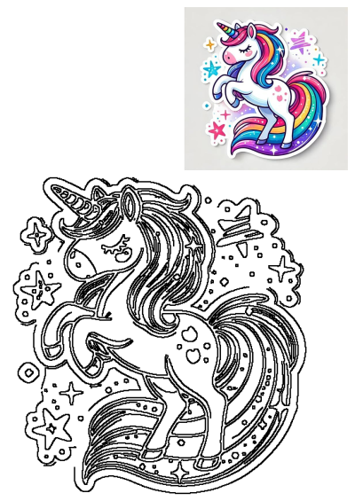 Adorable rainbow unicorn sticker art with a matching outline drawing, featuring a colorful mane, tail, and sparkling stars.