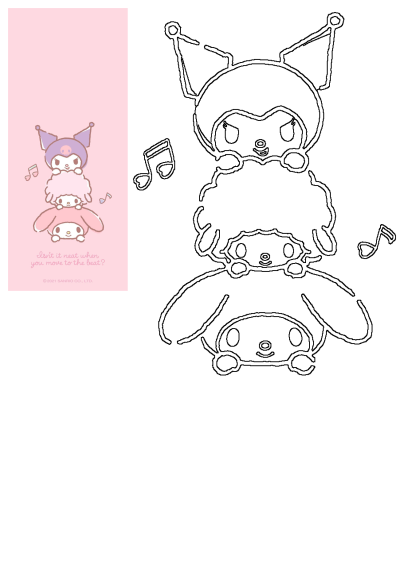 Image of Kuromi and My Melody characters with musical notes. It's neat when you move to the beat! Cute Sanrio characters dancing.